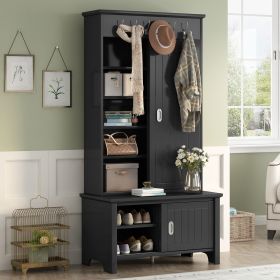 ON-TREND Multifunctional Hall Tree with Sliding Doors, Wooden Hallway Shoe Cabinet with Storage Bench and Shelves, Mudroom Coat Storage with Hanging H