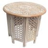 Mesh Cut Out Carved Mango Wood Octagonal Folding Table with Round Top, Antique White and Brown