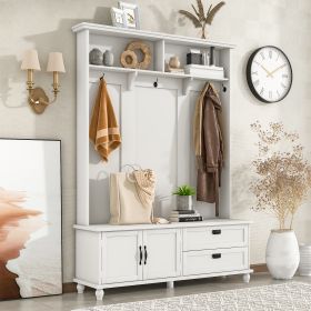 [VIDEO provided] ON-TREND Modern Style Hall Tree with Storage Cabinet and 2 Large Drawers, Widen Mudroom Bench with 5 Coat Hooks, White