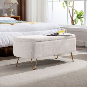 Ivory White Storage Ottoman Bench for End of Bed Gold Legs, Modern Ivory White Faux Fur Entryway Bench Upholstered Padded with Storage for Living Room