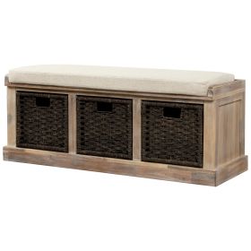 TREXM Rustic Storage Bench with 3 Removable Classic Rattan Basket , Entryway Bench with Removable Cushion (White Washed)