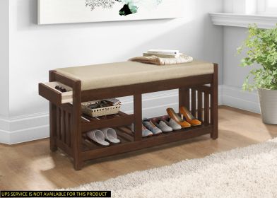 Transitional 1pc Storage Bench with 2 Open Shelves Hidden Drawer Upholstered Cushioned Seat Multifunctional Wooden Furniture