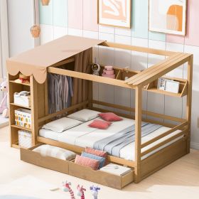 Full size House Bed with Two Drawers and Wardrobe,Natural