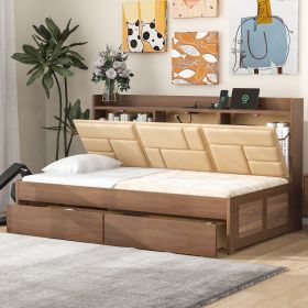 Twin Size Wood Daybed with Upholstered Storage Shelves, USB Ports and 2 Drawers, Wood Color