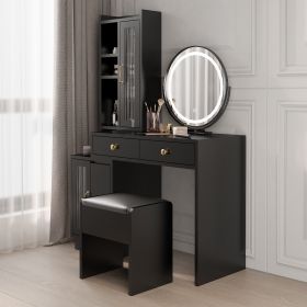 Makeup Vanity Table and Slim Armoire Wardrobe Set, Dressing Table with LED Mirror and Power Outlets and 2 Drawers, Tall Bedroom Closet with Hanging Ro