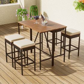 5-Piece Outdoor Acacia Wood Bar Height Table And Four Stools With Cushions, Garden PE Rattan Wicker Dining Table, Foldable Tabletop, High-Dining Bistr