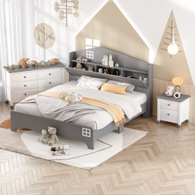 3-Pieces Bedroom Sets Full Size House Bed with Storage Headboard, Wooden Nightstand and Storage Dresser,Gray