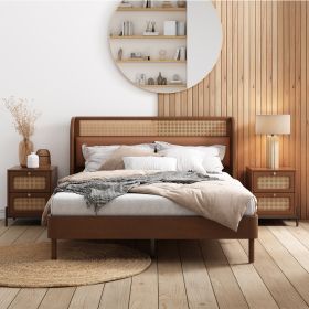 3 Pieces Modern Cannage Rattan Platform Queen Bed + Nightstand*2, Walnut