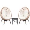 3 Pieces Patio Egg Chairs (Model 3) with Side Table Set,Natural Color PE Rattan and Beige Cushion