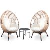 3 Pieces Patio Egg Chairs (Model 2) with Side Table Set,Natural Color PE Rattan and Beige Cushion