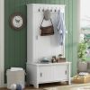 [VIDEO provided] ON-TREND Multifunctional Hall Tree with Sliding Doors, Wooden Hallway Shoe Cabinet with Storage Bench and Shelves, Mudroom Coat Stora