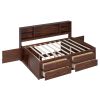 Full Size Wooden Captain Bed with Built-in Storage Shelves, 4 Drawers and 2 Cabinets, Antique Brown