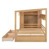 Full size House Bed with Two Drawers and Wardrobe,Natural