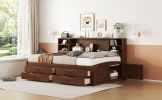 Full Size Wooden Captain Bed with Built-in Storage Shelves, 4 Drawers and 2 Cabinets, Antique Brown