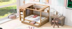 Full size House Bed with Two Drawers and Wardrobe,Natural