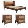 3 Pieces Modern Cannage Rattan Platform Queen Bed + Nightstand*2, Walnut