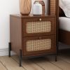 3 Pieces Modern Cannage Rattan Platform Queen Bed + Nightstand*2, Walnut