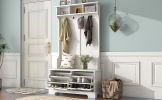 [VIDEO provided] ON-TREND All in One Hall Tree with 3 Top Shelves and 2 Flip Shoe Storage Drawers, Wood Hallway Organizer with Storage Bench and Metal