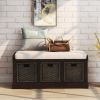 TREXM Rustic Storage Bench with 3 Removable Classic Rattan Basket , Entryway Bench with Removable Cushion (Espresso)