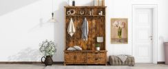 ON-TREND Modern Style Hall Tree with Storage Cabinet and 2 Large Drawers, Widen Mudroom Bench with 5 Coat Hooks, Rustic Brown