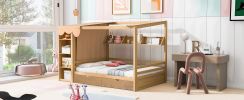 Full size House Bed with Two Drawers and Wardrobe,Natural