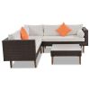 4-pieces Outdoor Wicker Sofa Set;  Patio Furniture with Colorful Pillows;  L-shape sofa set;  Gray cushions and Black Rattan