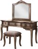 Contemporary Antique Oak Color Vanity Set w Stool Retro Style Drawers cabriole-tapered legs Mirror w floral crown molding Bedroom Furniture