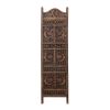 Hand Carved Sun And Moon Design Foldable 4 Panel Wooden Room Divider, Brown