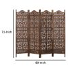 Hand Carved Sun And Moon Design Foldable 4 Panel Wooden Room Divider, Brown