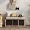 TREXM Rustic Storage Bench with 3 Removable Classic Rattan Basket , Entryway Bench with Removable Cushion (White Washed)