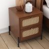 3 Pieces Modern Cannage Rattan Platform Queen Bed + Nightstand*2, Walnut