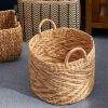 Round Water Hyacinth Seagrass Woven Basket with Handles - 15" x 15" x 15" - Natural Brown - For Clothes, Towels, Canvas, Toys and Magazine Storage and