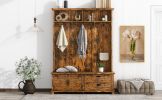 ON-TREND Modern Style Hall Tree with Storage Cabinet and 2 Large Drawers, Widen Mudroom Bench with 5 Coat Hooks, Rustic Brown