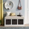 TREXM Rustic Storage Bench with 3 Removable Classic Rattan Basket , Entryway Bench Storage Bench with Removable Cushion (White)