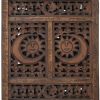 Hand Carved Sun And Moon Design Foldable 4 Panel Wooden Room Divider, Brown