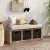 TREXM Rustic Storage Bench with 3 Removable Classic Rattan Basket , Entryway Bench with Removable Cushion (White Washed)