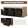 TREXM Rustic Storage Bench with 3 Removable Classic Rattan Basket , Entryway Bench with Removable Cushion (White Washed)