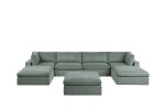 Sage Color 7pc Modular Sectional Set Corduroy Upholstery Couch 2x Corner wedge, 2x Armless Chairs 3x Ottomans Living Room Furniture