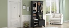 ON-TREND Multifunctional Hall Tree with Sliding Doors, Wooden Hallway Shoe Cabinet with Storage Bench and Shelves, Mudroom Coat Storage with Hanging H