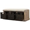 TREXM Rustic Storage Bench with 3 Removable Classic Rattan Basket , Entryway Bench with Removable Cushion (White Washed)