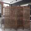 Hand Carved Sun And Moon Design Foldable 4 Panel Wooden Room Divider, Brown