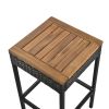 5-Piece Outdoor Acacia Wood Bar Height Table And Four Stools With Cushions, Garden PE Rattan Wicker Dining Table, Foldable Tabletop, High-Dining Bistr