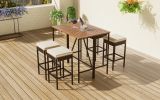 5-Piece Outdoor Acacia Wood Bar Height Table And Four Stools With Cushions, Garden PE Rattan Wicker Dining Table, Foldable Tabletop, High-Dining Bistr