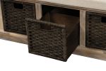 TREXM Rustic Storage Bench with 3 Removable Classic Rattan Basket , Entryway Bench with Removable Cushion (White Washed)