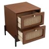 3 Pieces Modern Cannage Rattan Platform Queen Bed + Nightstand*2, Walnut