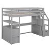 Twin Size Loft Bed with Desk and Shelves, Two Built-in Drawers, Storage Staircase, Gray