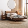 3 Pieces Modern Cannage Rattan Platform Queen Bed + Nightstand*2, Walnut