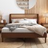 3 Pieces Modern Cannage Rattan Platform Queen Bed + Nightstand*2, Walnut