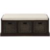 TREXM Rustic Storage Bench with 3 Removable Classic Rattan Basket , Entryway Bench with Removable Cushion (Espresso)