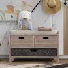 TREXM Storage Bench with Removable Basket and 2 Drawers, Fully Assembled Shoe Bench with Removable Cushion (White Washed)